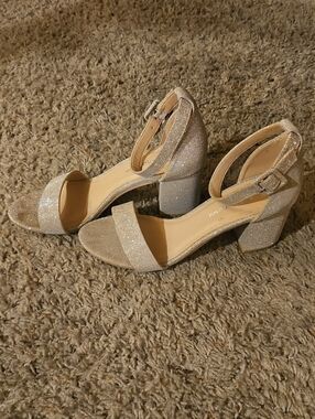 Qupid Glitter Block Heel Sandals in Light Champagne